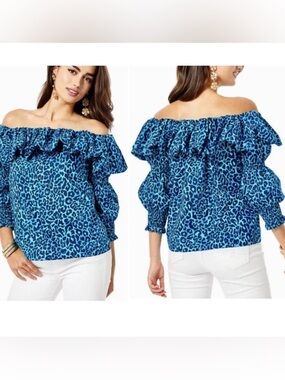 Lilly Pulitzer Beatrix Off-the Shoulder Top Women’s XL Oyster Bay Navy Leopard